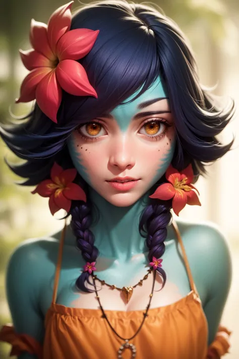 one girl, neeko, bust, solo, upper body, yellow eyes, braids, blue hair, choker, nsfw, green skin, open breasts, naked breasts, exposed breasts, nude, naked, without clothes, bare shoulders, masterpiece, highly detailed, look at viewer, shiny blured orange background, gradient sprayed background, surprised face, shy, camera from the front, gradient green purple background, blured background, glowing edges of image, (covered in cum:1.2), (cum on breasts:1.2), (cum on face:1.2)