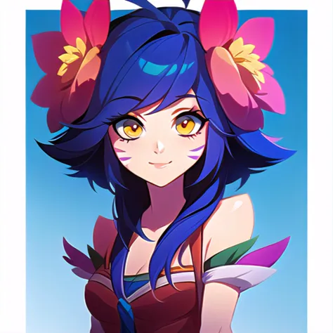 2 person, neeko, ahri, league of legends neeko, masterpiece, best quality, facial marks, hair ornaments, hair flower, blue sky, smile, closed mouth,  <lora:neeko-nvwls-v1-final:1>,  <lora:ahri-000045:1>