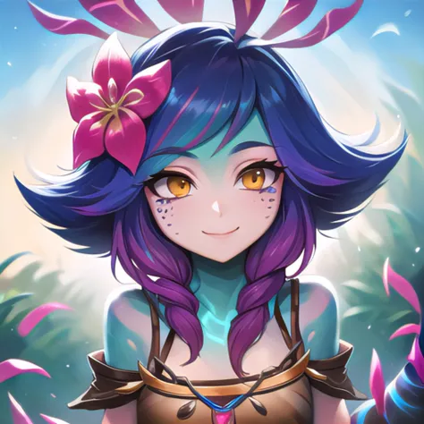 league of legends neeko, masterpiece, best quality, neeko, facial marks, hair ornaments, hair flower, blue sky, smile, closed mouth, <lora:neeko-nvwls-v1-final:1>