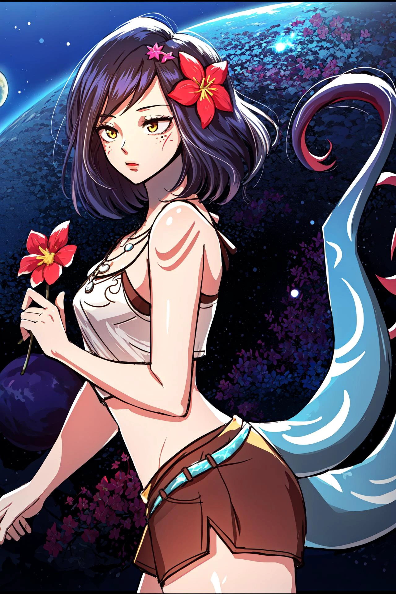 best quality, intricate details,
1girl, <lora:neekoLeagueOfLegends_v1:0.8> neeko, facial marks, hair ornaments, hair flower, necklace, brown shorts, crop top, lizard tail,
nebula background, space, stars, planets, darkness,
<lora:nunnyaStyleMySisters_v10:0.8>