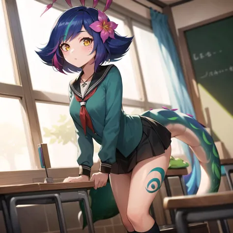best illustration, illustration, vibrant colours, masterpiece, best quality, absurdres, 1girl, beautiful face, detailed eyes, looking at viewer, contrapposto, seductive, sexy, standing, fullbody, <lora:neeko-nvwls-v1-final:0.9>, neeko, facial marks, hair ornaments, hair flower, necklace, lizard tail, multicolored skin, body paint, (cleavage:0.6), (schoolgirl uniform, tie, long sleeve dress shirt, black pleated skirt, socks), classroom