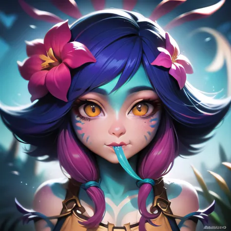 league of legends neeko, masterpiece, best quality, neeko, facial marks, hair ornaments, hair flower, crop top, close-up, face, portrait, blue sky, smile, closed mouth, <lora:neeko-nvwls-v1-final:1>, 2 neeko