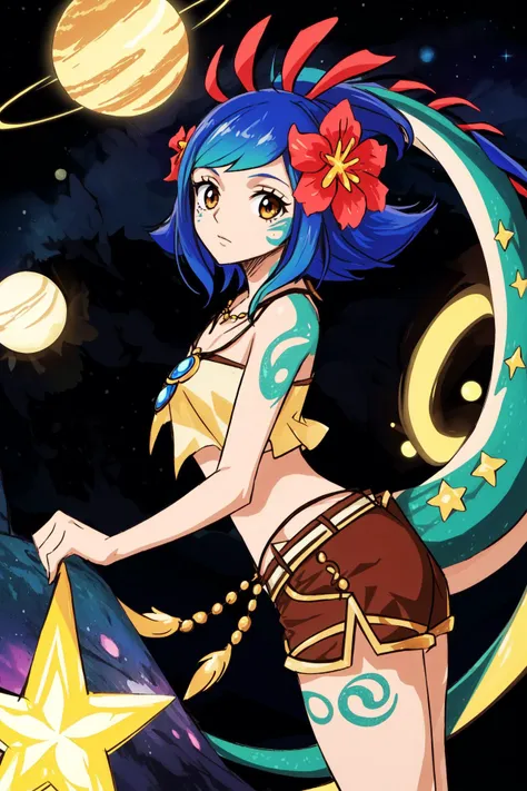 best quality, intricate details,
1girl, <lora:neekoLeagueOfLegends_v1:0.8> neeko, facial marks, hair ornaments, hair flower, necklace, brown shorts, crop top, lizard tail, 
nebula background, space, stars, planets, darkness,
 <lora:onePieceWanoSagaStyle_v2Offset:0.8> wanostyle,