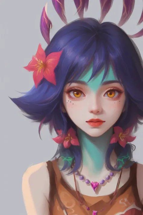 (masterpiece:1.2, best quality), (real picture, intricate details), solo, 1girl, <lora:neekoLeagueOfLegends_v1:1>, close up, portrait, neeko, facial marks, hair ornaments, hair flower, necklace, brown shorts, croptop