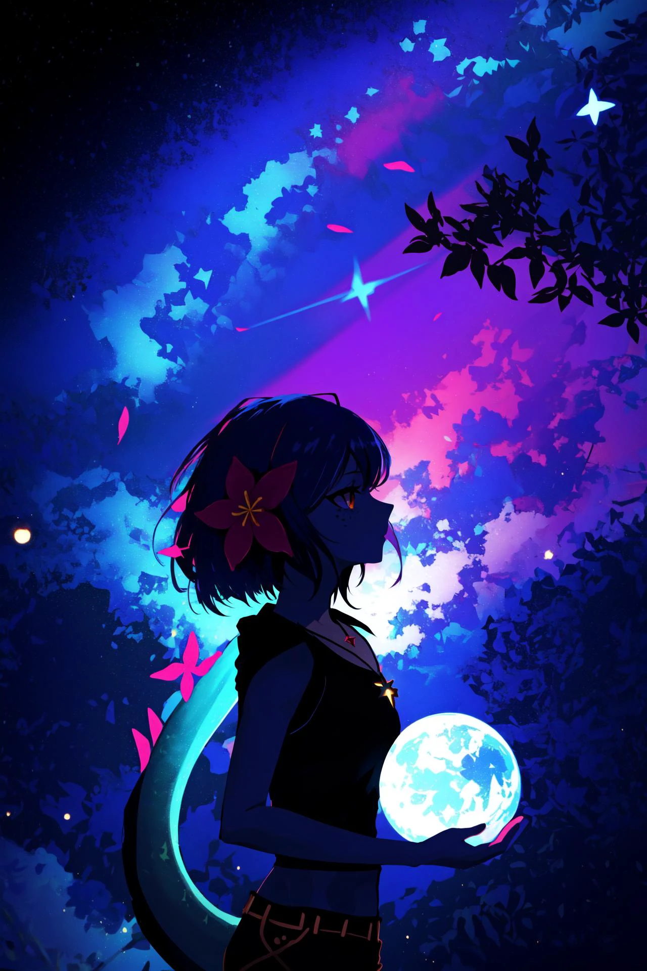 best quality, intricate details,
1girl, <lora:neekoLeagueOfLegends_v1:0.8> neeko, facial marks, hair ornaments, hair flower, necklace, brown shorts, crop top, lizard tail,
nebula background, space, stars, planets, darkness,
<lora:lightAndSilhouette_v10:0.8> silhouette, light particles, ,