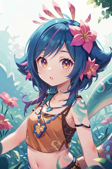 masterpiece, best quality, 1girl, solo, neeko, facial marks, hair ornaments, hair flower, necklace, brown shorts, crop top, lizard tail, puffy lips, upper body, closeup portrait, looking at viewer, pov, outdoors, scenic view, amazing, official art, professional illustration, hires, <lora:novowels_neeko:1>