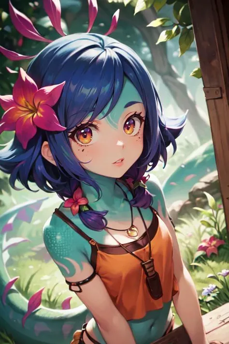 masterpiece, best quality, 1girl, solo, neeko, facial marks, hair ornaments, hair flower, necklace, brown shorts, crop top, lizard tail, puffy lips, upper body, closeup portrait, looking at viewer, pov, outdoors, scenic view, amazing, official art, professional illustration, hires, <lora:novowels_neeko:0.85>