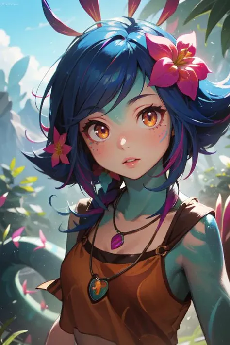 masterpiece, best quality, <lora:novowels_neeko:0.95>, 1girl, solo, neeko, facial marks, hair ornaments, hair flower, necklace, brown shorts, crop top, lizard tail, puffy lips, upper body, closeup portrait, looking at viewer, pov, outdoors, scenic view, amazing, official art, professional illustration, hires