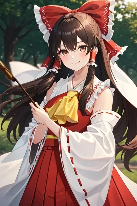 best quality, masterpiece, highres, solo, {white kimono:1.35}, {red hakama:1.35}, {wide sleeves:1.20}, {hakurei_reimu_touhou:1.15}, bow, hair_bow, hair_tubes, red_bow, brown_hair, long_hair, bangs, sidelocks, ascot, brown_eyes, frilled_bow, yellow_ascot, blush, smile, upper_body, hair_between_eyes