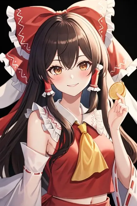 best quality, masterpiece, highres, solo, {hakurei_reimu_touhou:1.15}, bow, hair_bow, hair_tubes, red_bow, brown_hair, long_hair, bangs, sidelocks, ascot, brown_eyes, frilled_bow, yellow_ascot, blush, smile, upper_body, hair_between_eyes