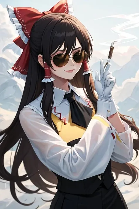 best quality, masterpiece, highres, solo, {black business suit:1.40}, {tie:1.20}, {sunglasses:1.25}, {white gloves:1.15}, {white shirt:1.10}, {black skirt:1.15}, {smoking:1.20}, handsome, {hakurei_reimu_touhou:1.15}, bow, hair_bow, hair_tubes, red_bow, brown_hair, long_hair, bangs, sidelocks, ascot, brown_eyes, frilled_bow, yellow_ascot, blush, smile, upper_body, hair_between_eyes