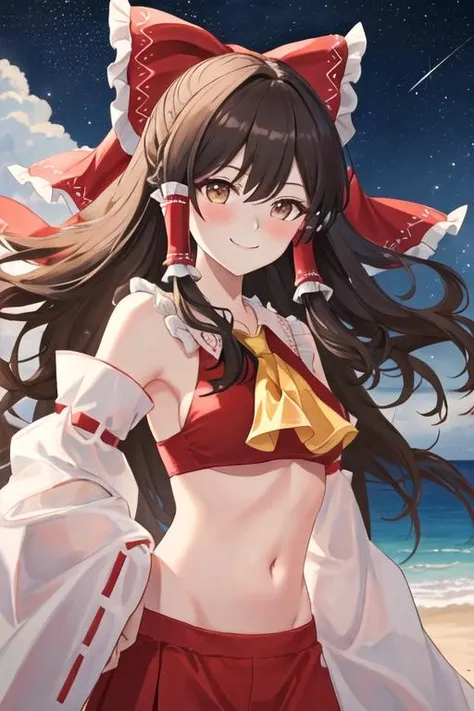 best quality, masterpiece, highres, solo, {night:1.10}, {starry sky:1.10}, beach, beautiful detailed sky, {extremely detailed background:1.20}, {hakurei_reimu_touhou:1.15}, {standing:1.10}, looking at viewer, {bikini:1.30}, bow, hair_bow, hair_tubes, red_bow, brown_hair, long_hair, bangs, sidelocks, ascot, brown_eyes, frilled_bow, yellow_ascot, blush, smile, upper_body, hair_between_eyes, light smile