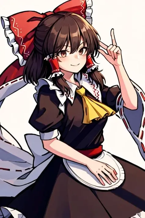 best quality, masterpiece, highres, 1girl, solo, {maid:1.40}, {long maid dress:1.15}, {hakurei_reimu_touhou:1.15}, bow, hair_bow, hair_tubes, red_bow, brown_hair, long_hair, bangs, sidelocks, ascot, brown_eyes, frilled_bow, yellow_ascot, blush, smile, hair_between_eyes