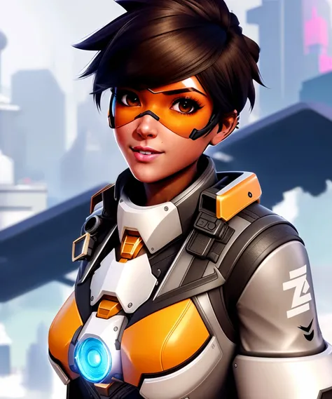 a cute girl, tracer, artstation, hdr, posing, by conor harrington <lora:Tracer:0.85>, futuristic technology , robots , spaceships , by Vitaly Bulgarov , Maciej Kuciara , Jama Jurabaev , Sparth , Karla Ortiz