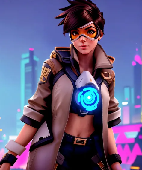 a cute girl, tracer, artstation, hdr, posing, by conor harrington <lora:Tracer:0.85>, (Cyberpunk), futuristic, neon, urban, dystopian