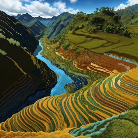 an award-winning isolated wide-angle analog photograph of a magnificent mrblng02-1500 gorge with rice terraces, very detailed, intricate, <lora:to8_ContrastFix_sd15:0.83>