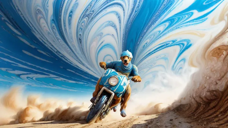 surreal low angle analog action photograph, white-tinted (mrblng02-8000:1.05) (a dog riding:1.4) a vintage Art Deco motorcycle on a dirt road in the Italian countryside, very detailed, (dust spray:1.33)