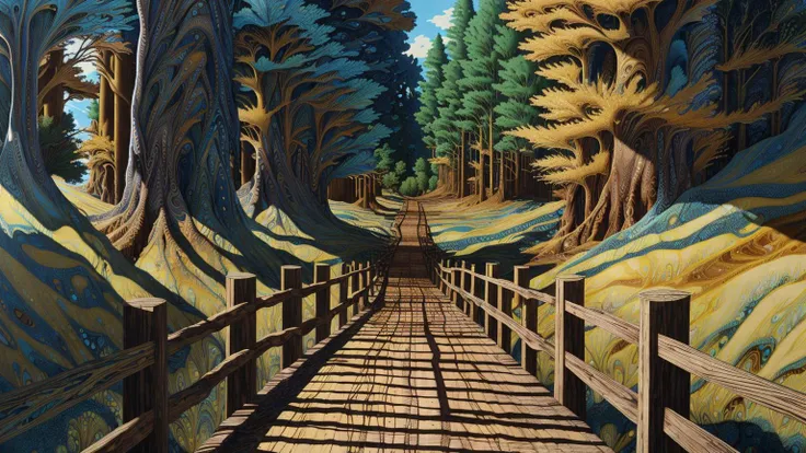 a portrait analog realistic photograph of a magnificent mrblng02-4000 wooden walkway through dense forest, very detailed, intricate, <lora:to8_ContrastFix_sd15:0.83>