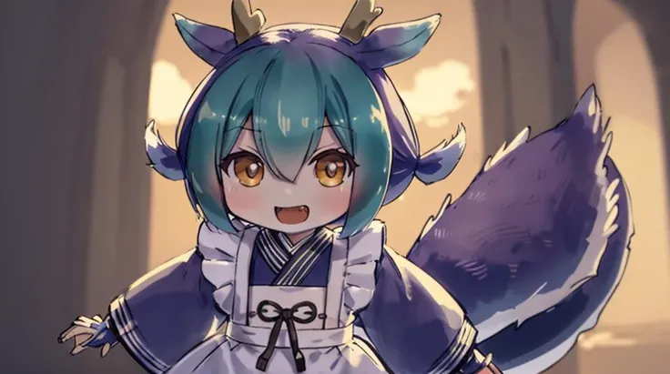 <lora:laundry_dragonmaid_v01:0.75>, laundry_dragonmaid, (dragon_tail), (chibi:1.2), masterpiece, ((1girl)), smile, open_mouth, sparkle, complex lighting