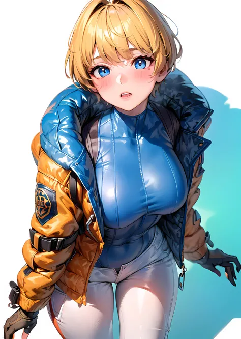 1girls, solo, wattson, masterpiece, highly detailed, blue eyes, detailed eyes, expressive detailed eyes, wide eyed, detailed pupils, blonde hair, short hair, orange jacket, jacket, blue shirt, blue top, blue skinsuit, white pants, blush, plain background