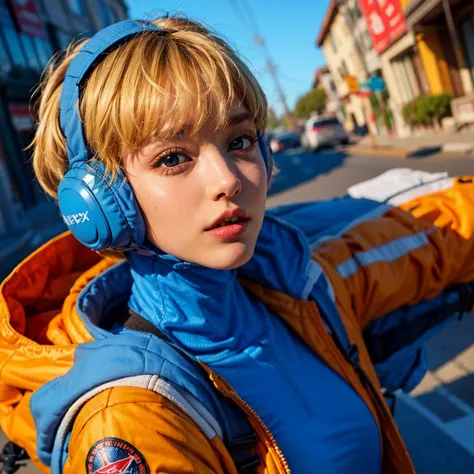 <lora:apex-WattsonV2:1>,
1girl wearing bodysuit,
wattson \(apex legends\),
wattson,
<lora:more_details:0.36>,
(best quality, masterpiece, dynamic angle, highest detailed),upper_body,
tight,
blonde hair,short hair,blue eyes,detailed eyes,expressive detailed eyes,wide eyed,detailed pupils,orange jacket,jacket,blue shirt,blue top,blue skinsuit,white pants,small_breasts,cut face,big eyes,
face details,