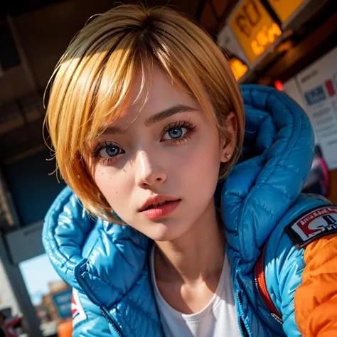 <lora:apex-WattsonV2:1>,
1girl wearing bodysuit,
wattson \(apex legends\),
wattson,
<lora:more_details:0.36>,
(best quality, masterpiece, dynamic angle, highest detailed),upper_body,
tight,
blonde hair,short hair,blue eyes,detailed eyes,expressive detailed eyes,wide eyed,detailed pupils,orange jacket,jacket,blue shirt,blue top,blue skinsuit,white pants,small_breasts,cut face,big eyes,
face details,