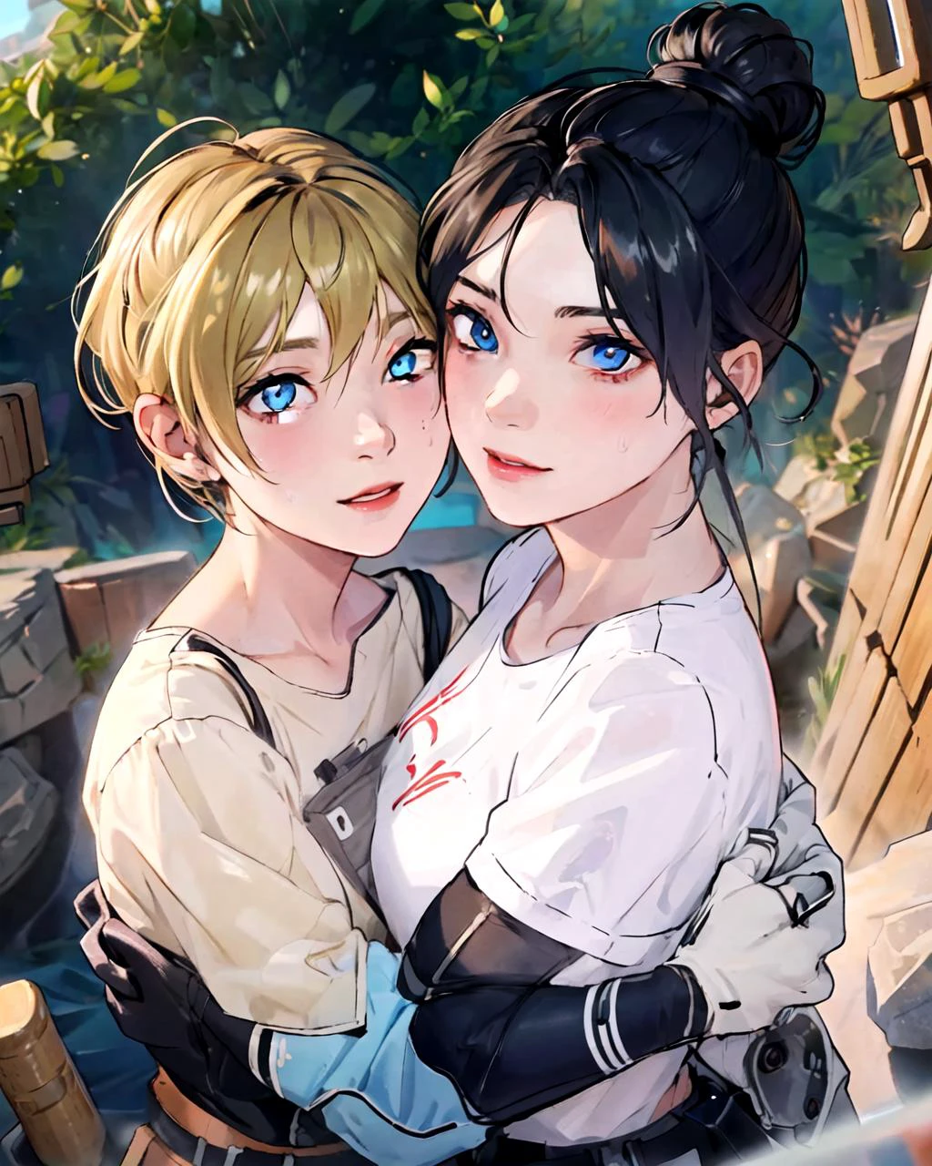 2girls hugging together, naked, small breasts, outdoor, bathing with steam, hot spring, onsen, sweat, smiling, look at viewer, depth of field, bokeh, detailed background, detailed lighting, diffused natural sunlight, diffused natural skin glow, symmetry eyes
AND 2girls,wattson,blue eyes,wide eyed, detailed pupils, blonde hair, short hair,hair between eyes,bangs,bob cut <lora:WattsonV2:0.8>
AND 2girls,wraith,black hair,high ponytail,(white eyes) <lora:wraithFromApexLegends_v1:0.8>