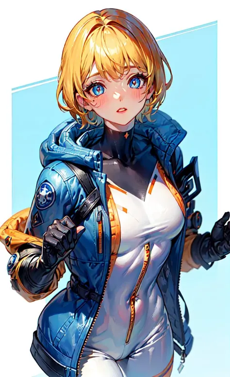 1girls, solo, wattson, masterpiece, highly detailed, blue eyes, detailed eyes, expressive detailed eyes, wide eyed, detailed pupils, blonde hair, short hair, orange jacket, jacket, blue shirt, blue top, blue skinsuit, white pants, blush, plain background  <lora:WattsonV2:1>