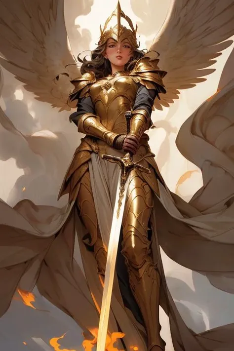 a profestional picutre of scajohansson84 , with Hourglass-Muscular - A curvy figure with a well-defined muscular build. , 1girl, <lora:angel_20230818185537:0.7>gorgeous golden armor, huge flame great sword, rich background,, film shooting, depth of field, Super visual, (shiny skin:0.7) Super powerful flame angel, glowing eyes,very long hair, floating hair, winged helmet, valkyrie, spread wings, torm clothes, angel, Sorceress's Mirage: Behavior: The character's hands trace intricate patterns in the air, conjuring illusory images. Her movements are enchanting and mysterious, drawing others into her fantastical visions., , camera angle from above and cropped legs, photorealism,unreal 5 daz,perfectly drawed hands,perfectly drawed face,perfect body,extremely detailed artgerm greg rutkowski greg,((ultrasharp)),((masterpiece)),((best quality)),((ultradetailed)),((intricated details)),ultradetailed character,detailed face,intricated face details,<lyco:GoodHands-beta2:1>,extremaly detailed background,perfectly detailed face,character focus,intricated details of face,fFaceDetail <lora:add_detail:0.7> ultra realistic,32k,RAW photo,(high detailed skin:1.2),8k uhd,dslr,soft lighting,high quality,film grain, beautiful and aesthetic,extremely detailed