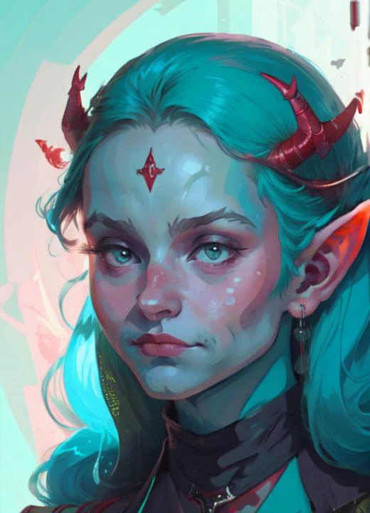 1girl, cute, feminine focus, tiefling, teal skin, demon horns,, long hair, portrait, baldur's gate, pointy ears, medieval, depth of field, floating light particles, simple background, priestess, <lora:[LoConLoRA] pseudo-daylight偽日光 Concept_style:1> <lora:DiscoElysiumStyle_v1:0.57> <lora:Aetherion_style:0.33> <lora:cutesexyrobuttsStyle_cutesexyrobuttsAnything:0.45> <lora:Bloodborne-style:0.35> <lora:V3Tiefling LyCO:0.85> 3r1nm0r1art72