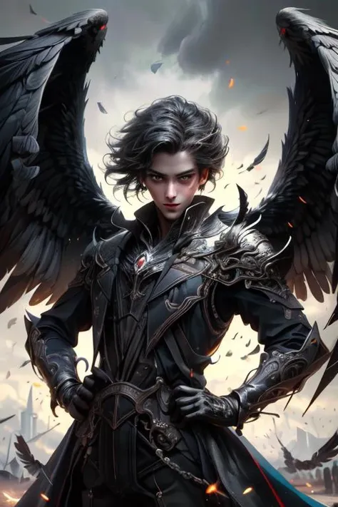 a profestional picutre of 1man, <lora:Daemon:0.7> bj_daemon, black_wings, feathered_wings, feathers, angel, dark angel , Minstrel's Jest: Description: Amidst a crowd, the minstrel strikes a theatrical pose, one hand on their hip and the other extended dramatically. Their lips curl into a mischievous smile as they deliver a witty punchline or a playful comment, eliciting laughter and camaraderie. , camera angle close-up and portrait, photorealism,unreal 5 daz,perfectly drawed hands,perfectly drawed face,perfect body,extremely detailed artgerm greg rutkowski greg,((ultrasharp)),((masterpiece)),((best quality)),((ultradetailed)),((intricated details)),ultradetailed character,detailed face,intricated face details,<lyco:GoodHands-beta2:1>,extremaly detailed background,perfectly detailed face,character focus,intricated details of face,fFaceDetail <lora:add_detail:0.7> ultra realistic,32k,RAW photo,(high detailed skin:1.2),8k uhd,dslr,soft lighting,high quality,film grain, beautiful and aesthetic,extremely detailed