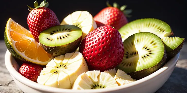 cloud, fruit, orange, kiwi, strawberry, banana, detailed background, intricate