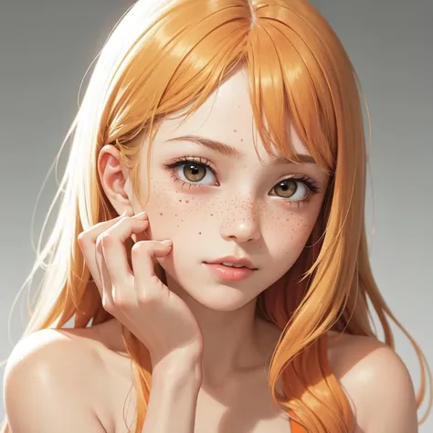 1girl, pink skin, blonde and orange gradient hair, freckles, hand on face