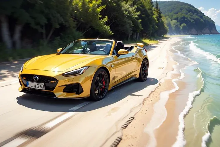 a classic, orange convertible sports car driving through shallow beach water