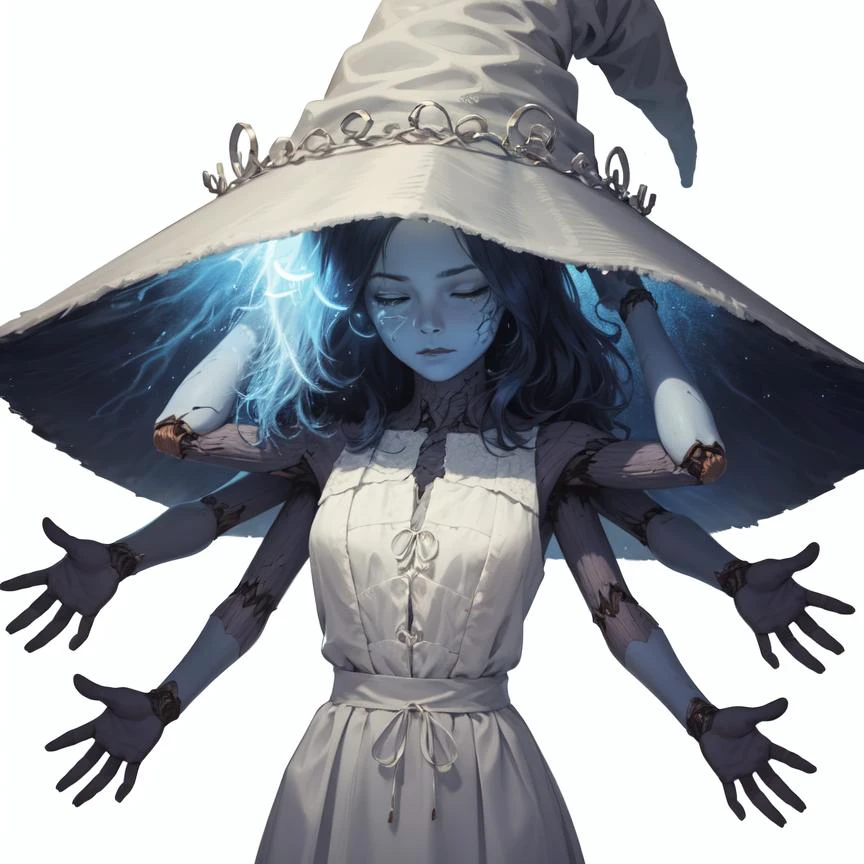 ranni the witch, four arms, extra arms, arms folded, arms out, holding hat, four arms, blue skin ,cracked skin, one eye closed, jitome, detailed hands, white dres, frills,
<lora:ranni-23:1> <lora:GoodHands-beta2:1>