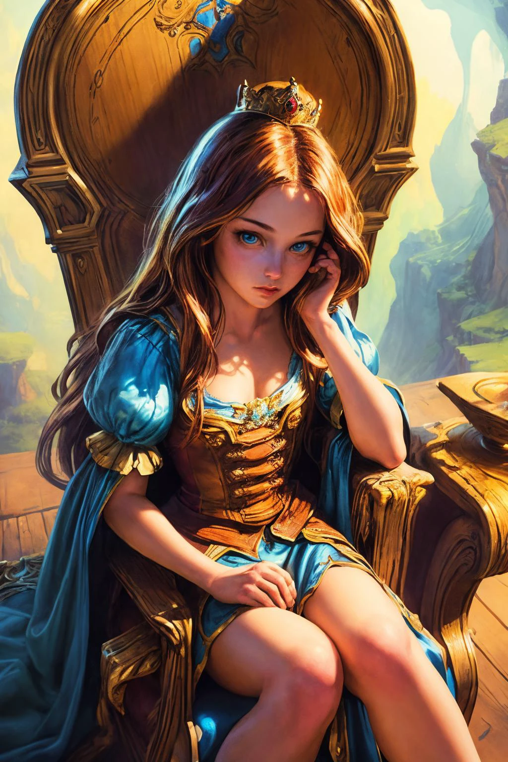 painting  of 1 princess sitting on the chair,  
closeup shot
dramatic lighting
 detailed background
vanishing point
(Justin Gerard)
 <lora:add_detail:1>
