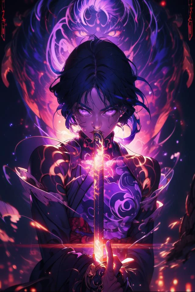 raiden shogun, depth of field, purple floating light particles, light particles, lightning, magic, glow, depth of field, upper body, yukata, glowing inner hair, disgust, holding wakizashi, wakizashi, taoist style, spirit, purple theme,


<lora:raidenShogunGenshin_raidenv1:1> <lora:[LoConLoRA] pseudo-daylight偽日光 Concept_style:1> <lora:ada_style:1> <lora:GoodHands-beta2:1> <lora:UnlimitedBladeWorksV1:0.8> <lora:Pecha_Swords_LORA_V1.1:0.2> <lora:Yoneyama128:0.45> <lora:P_GHIBLI_V3_bg_style:0.3> <lora:fansty world-000020_yumei style:0.3> <lora:alexFloresStyleLOL_v10:0.2> <lora:add_detail:0.3> <lora:taoist_spirit behind:0.8>