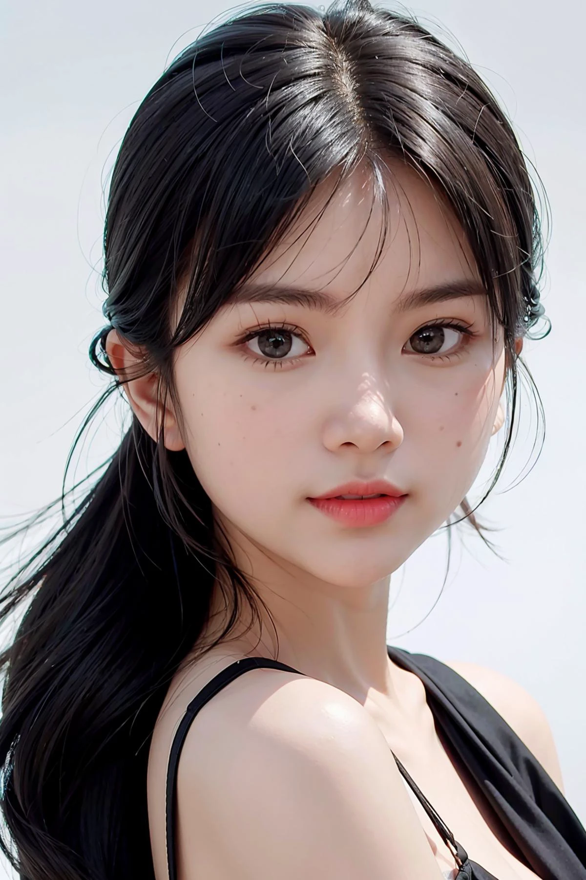 1girl,hair with bangs,black long dress,white background, <lora:JigsawV1-02:1>
