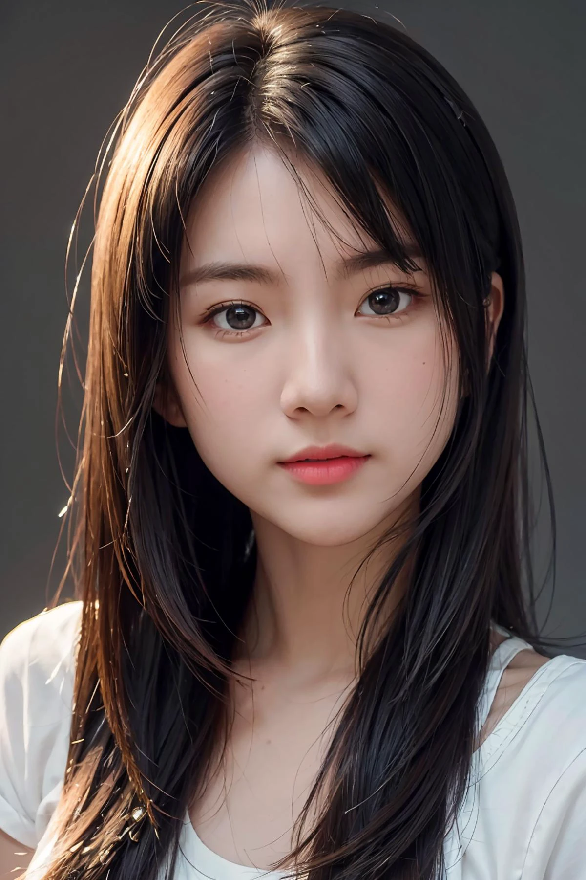 1girl, long hair, White top, (isolated on dark-grey background:1.2), from front, standing, (soft lighting:1.2), shot on Canon EOS 5D, BREAK
(upper body:1.2), , best quality, ultra high res, (photorealistic:1.4), masterpiece, real life skin, hyper real, perspective, detailed beautiful eyes and detailed face, <lora:JigsawV1-02:1>