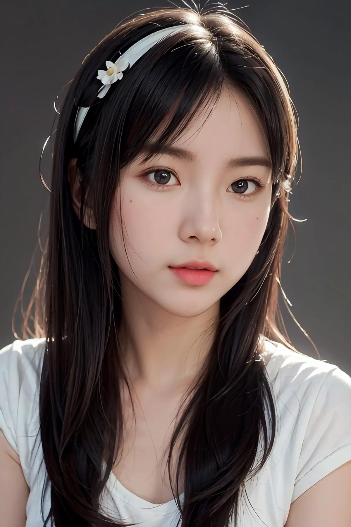 1girl, long hair, White top, (isolated on dark-grey background:1.2), from front, standing, (soft lighting:1.2), shot on Canon EOS 5D, BREAK
(upper body:1.2), , best quality, ultra high res, (photorealistic:1.4), masterpiece, real life skin, hyper real, perspective, detailed beautiful eyes and detailed face, <lora:JigsawV1-02:1>
