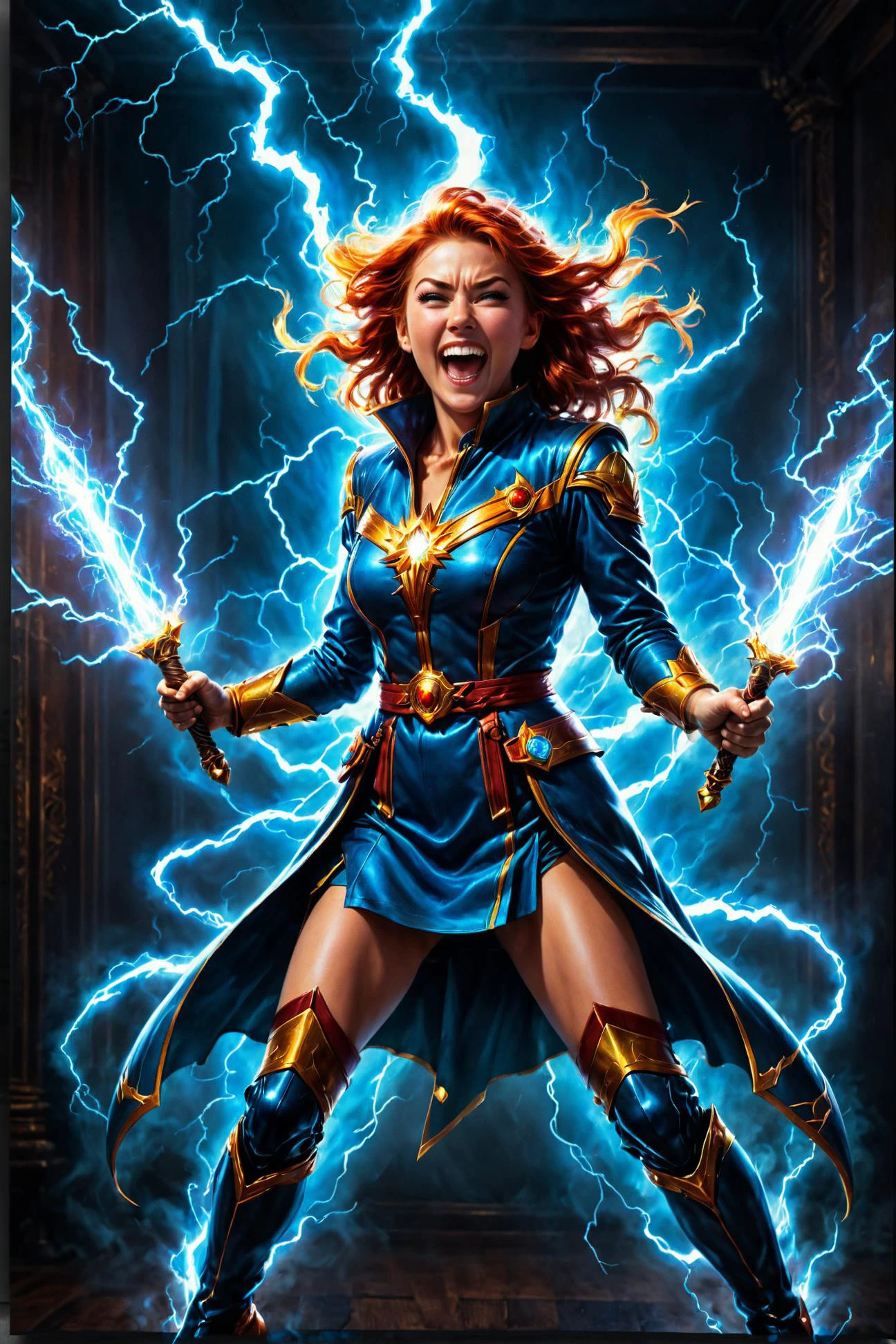 by Joseph Stella and Olivier Valsecchi and Delphin Enjolras, cute fit heroine holding two lightning rods, casting a lightning spell, being struck by lightning, digital oil pastel on canvas, symmetrical, full body length, extremely detailed, vibrant dream, happy maniacal laughter, in the style of Glen Keane and David Yarrow , cinematic lighting, movie still <lora:juggernaut_cinematic:1.00> <lora:maniacal_laughter:2.25> <lora:oil_pastel:1.00> <lora:faetastic:0.25> <lora:extremely_detailed:2.15> <lora:vibrant_dream:2.85> <lora:happy_v2:0.35> <lora:add_detail:0.25> <lora:eye_catching:1.75> <lora:dual_pistols:0.15> <lora:more_art:0.30> <lora:midjourney:-0.145> <lora:RMSDXL_Enhance:0.50> <lora:RMSDXL_Creative:0.50> <lora:RMSDXL_Photo:0.50> <lora:RMSDXL_Darkness_Cinema:0.50> <lora:clothing_slider:6.00> <lora:great_lighting:1.50> <lora:aesthetic:1.50> <lora:photorealistic_portrait:1.50> <lora:extremely_detailed:1.50> <lora:dpo:0.25>