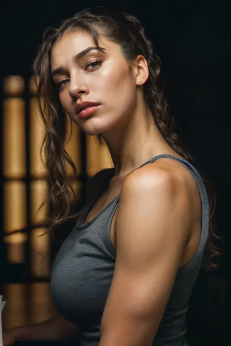 (1girl), (close-up, editorial photograph of a 21 year old woman), (highly detailed face:1.4) (angry:0.7) (background bar, moody, private study:1.3) <lora:epiNoiseoffset_v2:1.2>, POV, by lee jeffries, nikon d850, film stock photograph ,4 kodak portra 400 ,camera f1.6 lens ,rich colors ,hyper realistic ,lifelike texture, dramatic lighting , cinestill 800, curly hair, curly ponytail, angry face, biceps, voluptuous, big breasts, <lora:add_detail:0>, <lora:GTALucia1:.5>, shirt