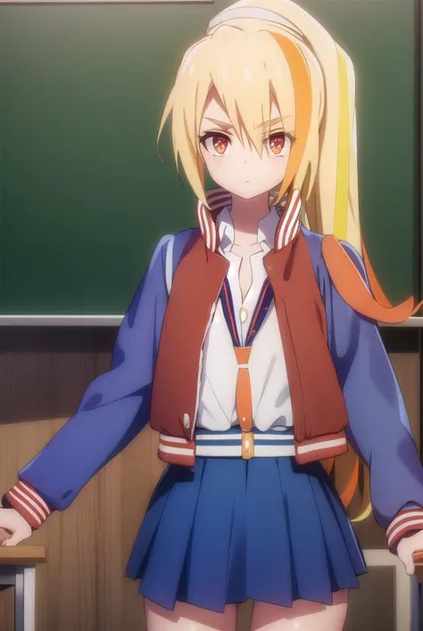 sakinikaidou, <lora:saki nikaidou s2-lora-nochekaiser:1>,
saki nikaidou, blonde hair, eyes visible through hair, hair over one eye, light green hair, long hair, multicolored hair, (orange eyes:1.3), orange hair, ponytail, streaked hair,
BREAK blue skirt, jacket, (letterman jacket:1.5), necktie, orange necktie, skirt,
BREAK looking at viewer, full body,
BREAK indoors, classroom,
BREAK <lyco:GoodHands-beta2:1>, (masterpiece:1.2), best quality, high resolution, unity 8k wallpaper, (illustration:0.8), (beautiful detailed eyes:1.6), extremely detailed face, perfect lighting, extremely detailed CG, (perfect hands, perfect anatomy),