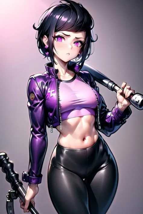 (masterpiece, best quality, 8k, highly detailed, highres, ultra-detailed, perfect eyes), 1girl, solo, bibi, skinny body, black hair, short hair, purple eyes, cross earring, purple jacket, pink top, black leggings, navel, midriff, <lora:Bibi__Brawl_Stars_V1.1:0.9>, baseball bat