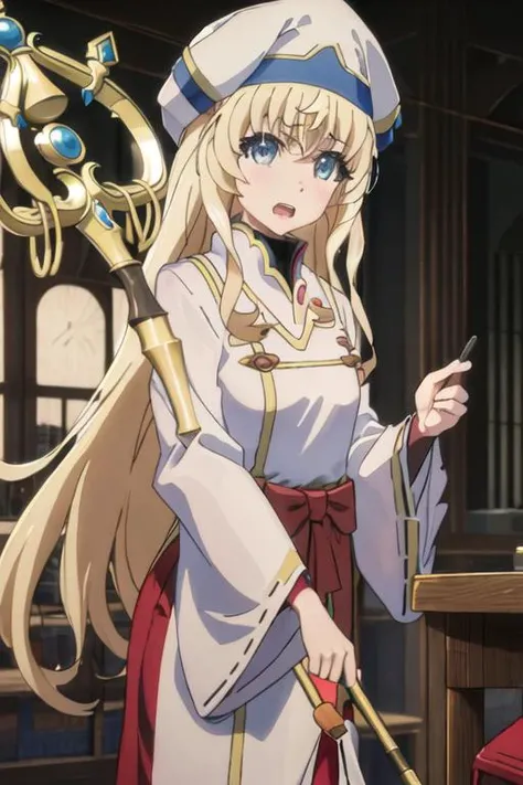 best quality, masterpiece, highres, solo, {white kimono:1.35}, {red hakama:1.35}, {wide sleeves:1.20}, {priestess_goblinslayer:1.15}, blonde_hair, long_hair, blue_eyes, hat, bangs, open_mouth