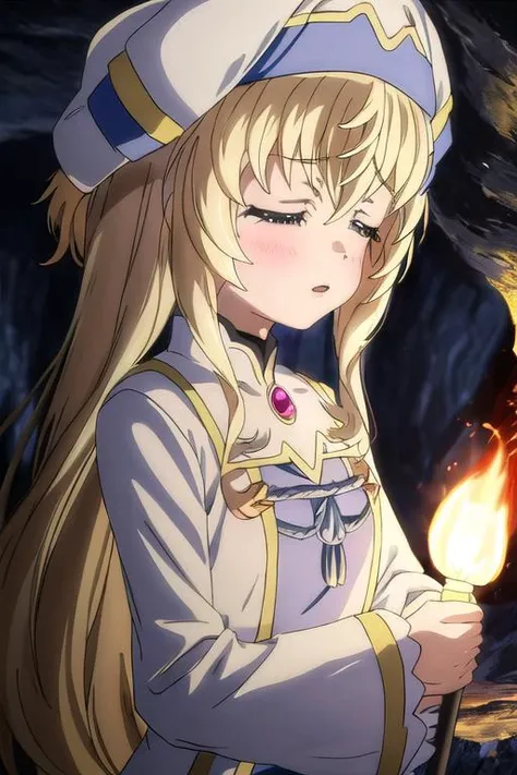 masterpiece, best quality,ultra detail, <lora:anmnr01:0.3> <lora:add_detail:0.5>,<lora:GoodHands-vanilla:0.8>,1girl, priestess_goblinslayer <lora:priestess_goblinslayer:0.7>,cave,torch,praying
