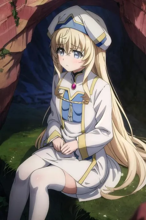 masterpiece, best quality,ultra detail, <lora:anmnr01:0.3> <lora:add_detail:0.5>,<lora:GoodHands-vanilla:0.8>,1girl, priestess_goblinslayer <lora:priestess_goblinslayer:0.7>,sitting,from above,incontinence,cave