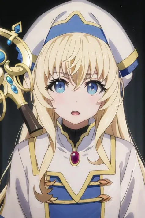 best quality, masterpiece, highres, solo, {priestess_goblinslayer:1.15}, blonde_hair, long_hair, blue_eyes, hat, bangs, open_mouth, 1girl, closed_mouth, hair_between_eyes, looking_at_viewer, white_headwear, portrait