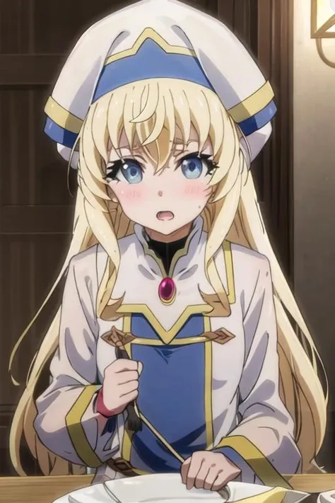best quality, masterpiece, highres, solo, {priestess_goblinslayer:1.15}, blonde_hair, long_hair, blue_eyes, hat, bangs, open_mouth, 1girl, blush, naked_towel, towel, wet, closed_eyes