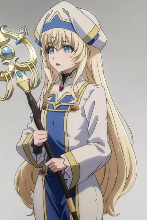 best quality, masterpiece, highres, solo, {priestess_goblinslayer:1.15}, blonde_hair, long_hair, blue_eyes, hat, bangs, open_mouth, 1girl, holding, holding_staff, staff, long_sleeves, white_headwear, upper_body, dress, hair_between_eyes, white_dress
